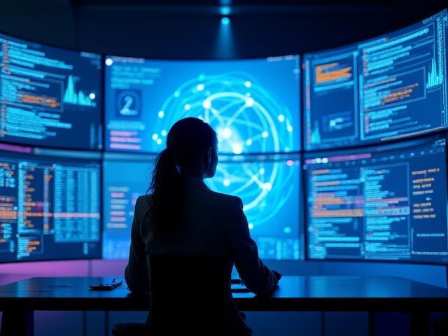 Persona trabajando con pantallas de inteligencia artificial y ciencia de datos, con elementos visuales futuristas.